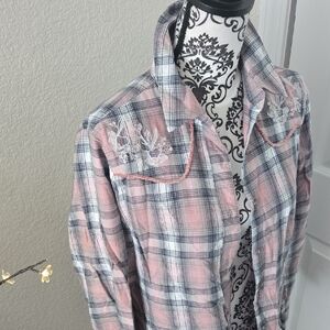 Women’s Pink Plaid Button-Down Shirt with Embroidery